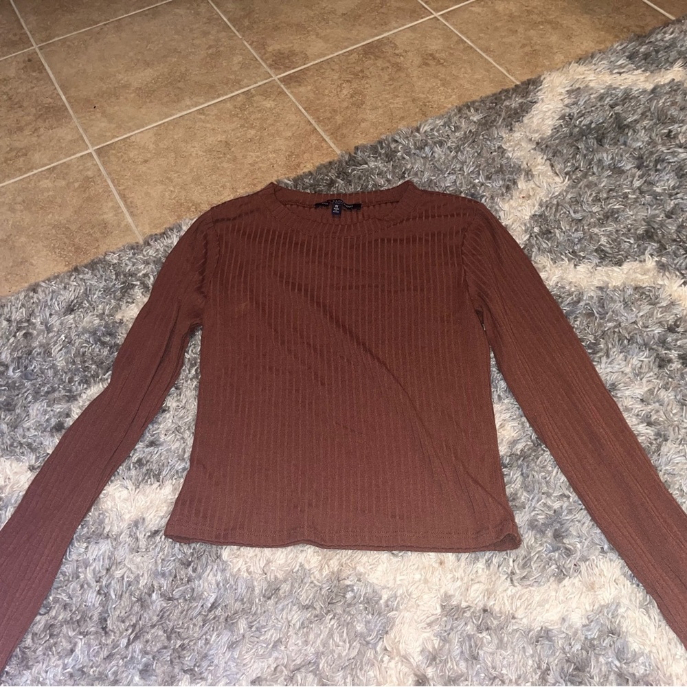 Brown Ribbed Crew Neck Long Sleeve T-Shirt